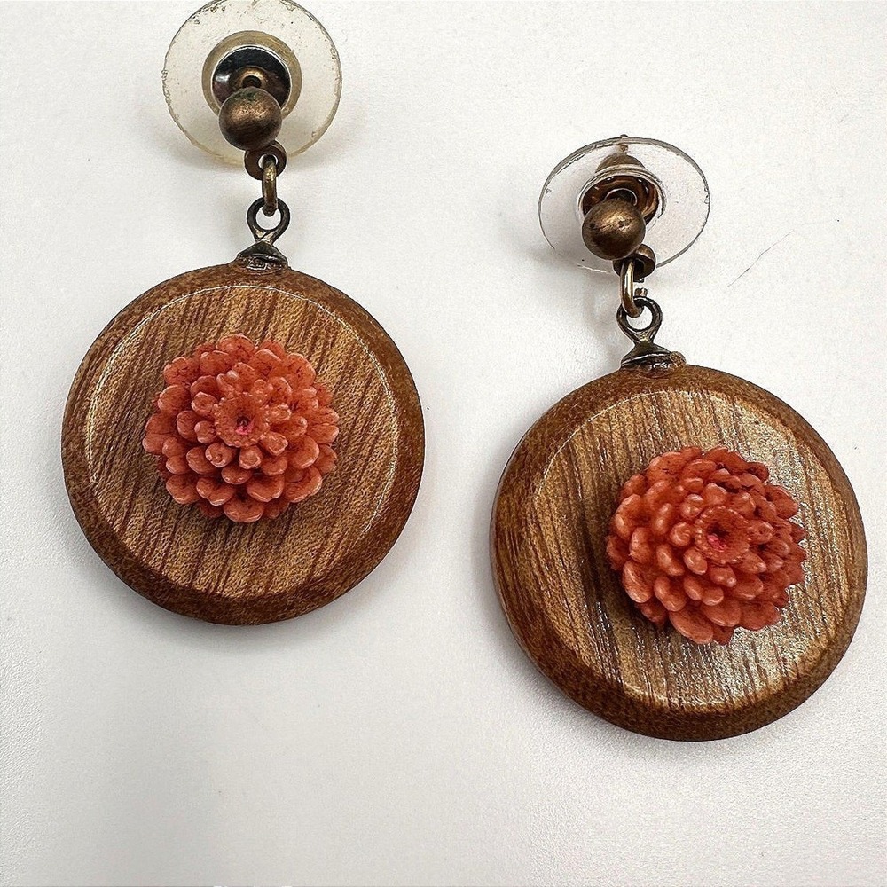 Vintage 80s Boho Wooden Dangle Earrings Pink Floral Resin Women's Jewelry
